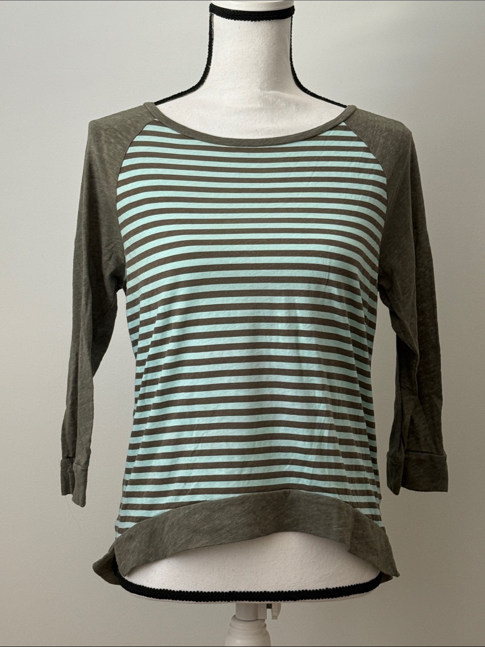 American Eagle Long Sleeve Striped Mint and Olive Raglan Sleeve Women’s Top